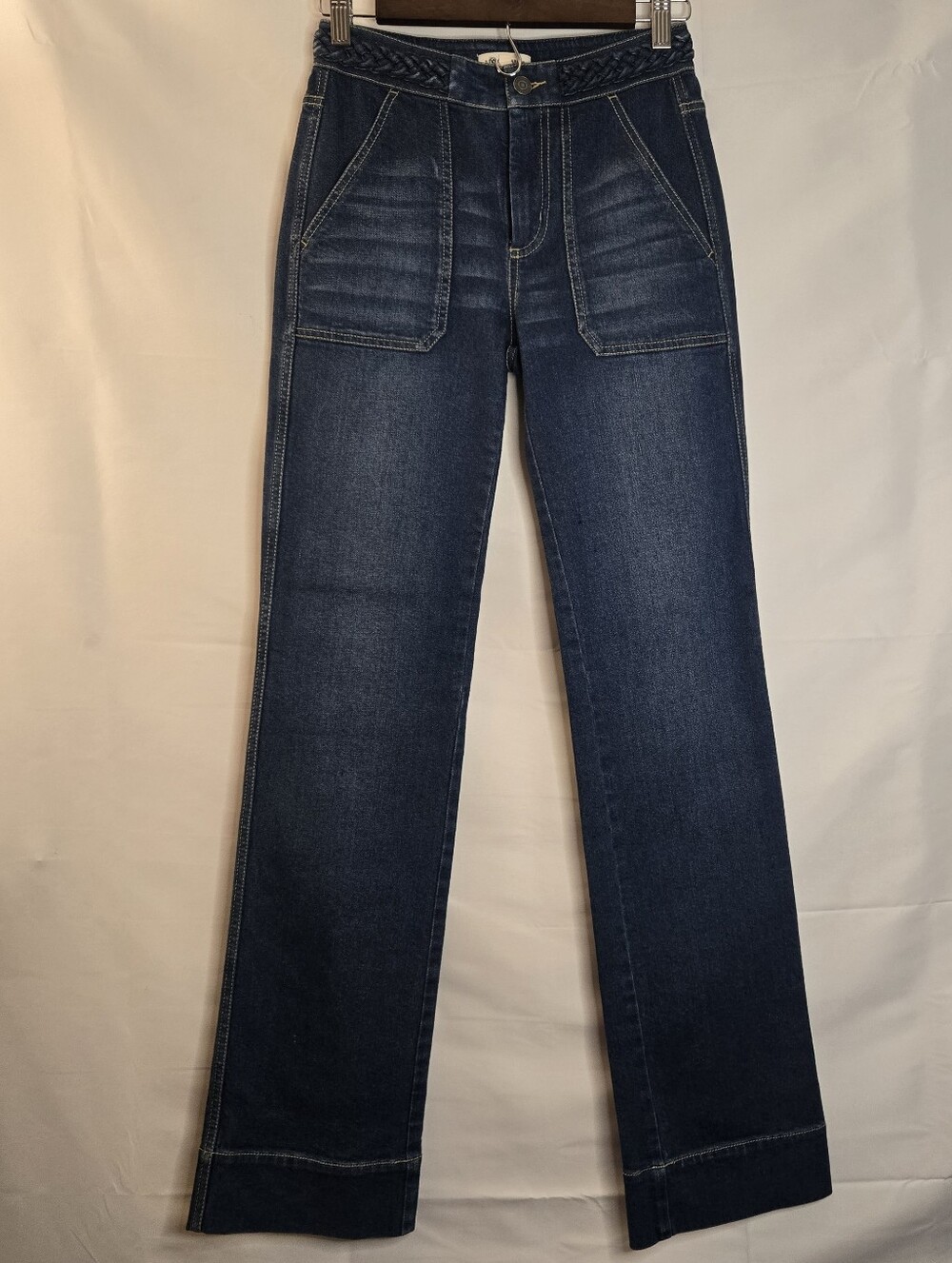 Rebecca Taylor Dark Blue Denim Straight Leg Jeans braided waistband high rise 25